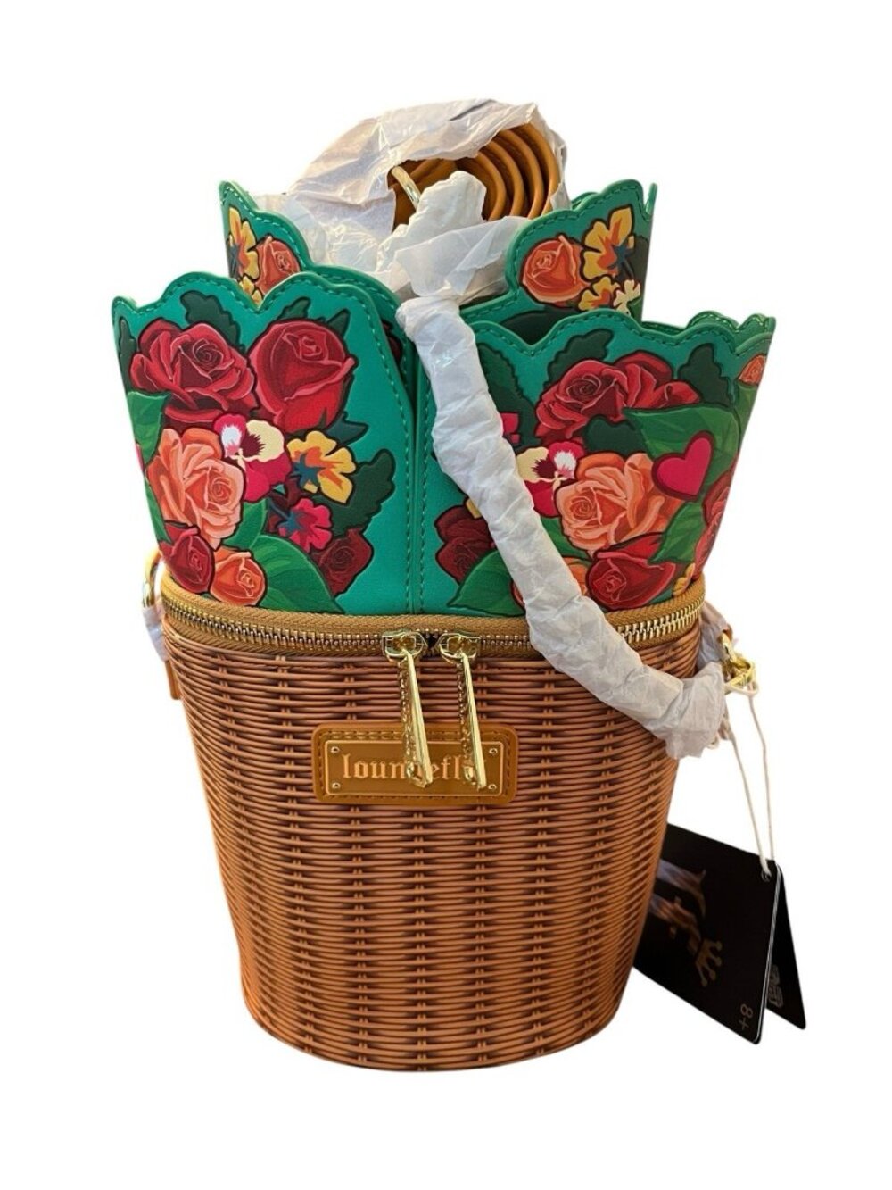 Loungefly Floral Butterfly Woven Straw Crossbody Bag, Zip, Detachable Strap - Picture 7 of 9